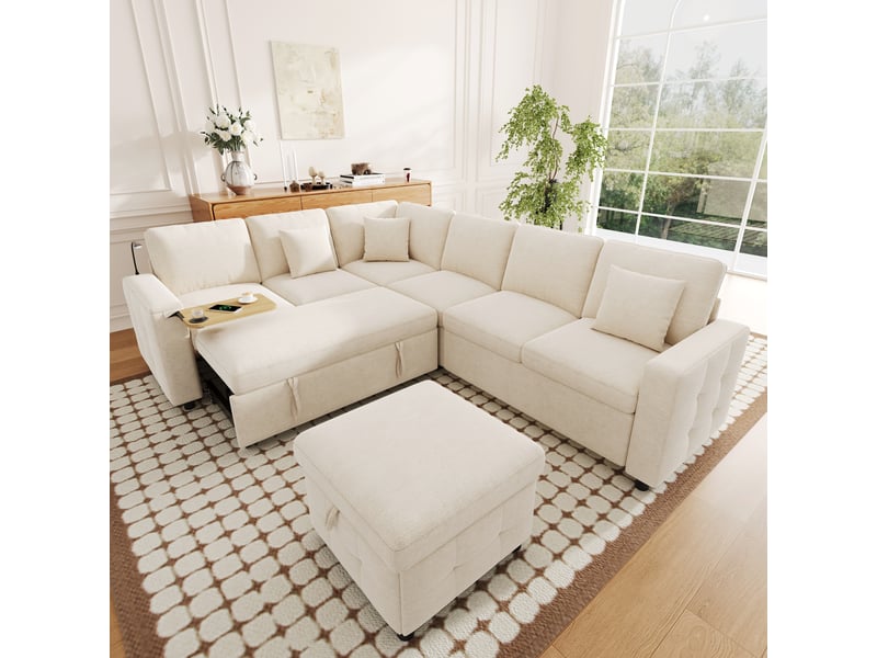 Canapé d’angle convertible réversible 6 places 261x203 cm, pouf coffre, accoudoir coffre, table rabattable, lampe led, usb et usb-c, chenille beige Radiant Stride - Conforama D