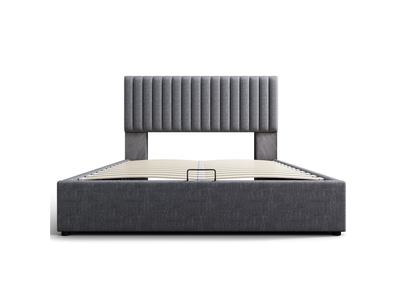  Lit coffre moderne 160x200cm, rangement, tête de lit réglable, led, port usb, type-c, niches, lin gris, matelas inclus  - Conforama D