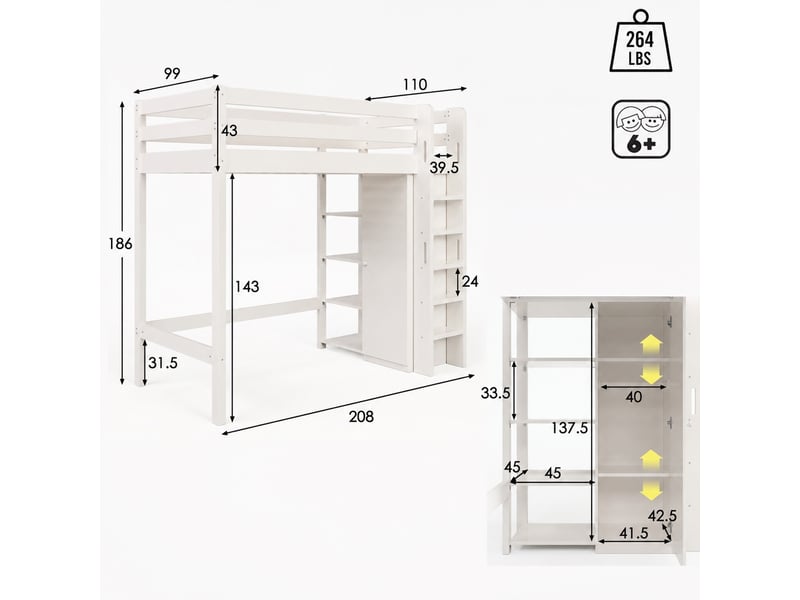  Lit mezzanine 90x200cm avec armoire, bois massif + panneaux de particules, blanc  - Conforama C