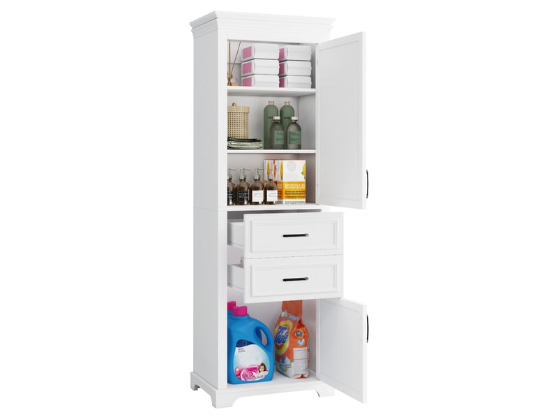  Armoire de salle de bain avec 2 tiroirs, 2 placards et étagères réglables, en mdf blanc, 60 × 40 × 180 cm  - Conforama A