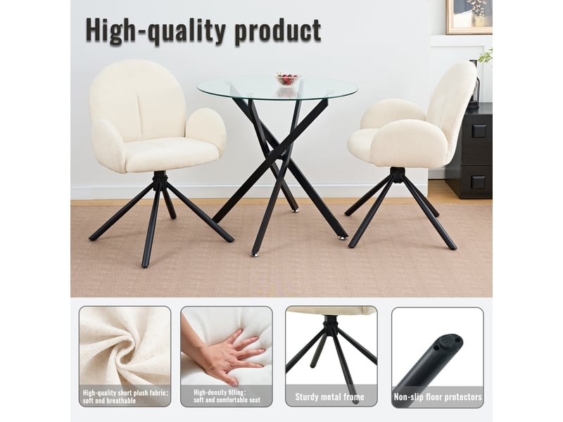 Lot de 2 chaises de salle à manger pivotantes avec accoudoirs - dossier enveloppant chenille crème - Conforama E