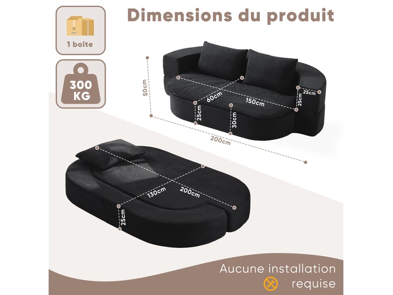  Canapé-lit convertible 2 places noir 200x130x60 cm cravdom  - Conforama E