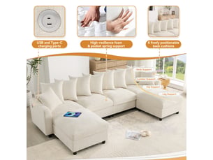 Canapé d'angle modulable 6 places en tissu chenille beige avec ports usbtype-c