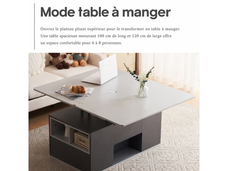 Table basse relevable multifonction 2 en 1, rangement, 100 x 51 x 47, gris clair et gris foncé - Conforama B