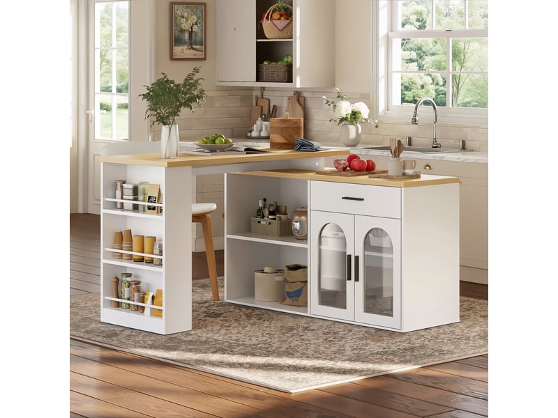 Îlot de cuisine pivotant 360° 136x50 cm avec rangement, table bar, tiroir, étagères, placards vitrés, table polyvalent - blanc - Conforama E