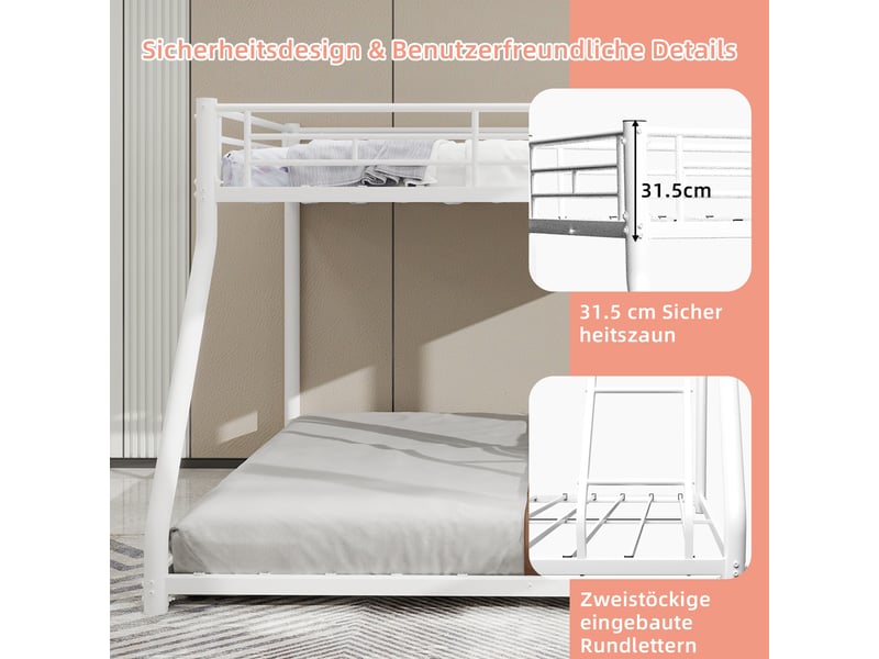  Lit superposé métal - 90x190-140x190cm - échelle inclinée sécurisée - garde-corps 31,5cm - blanc  - Conforama D