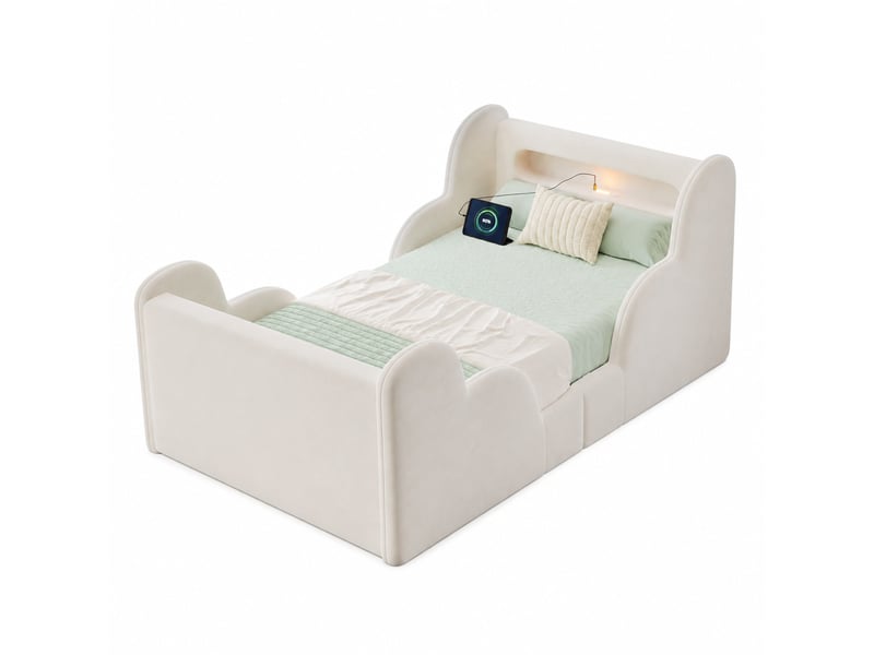  Lit enfant 90x200 cm avec barrières rembourrées, veilleuse et ports usb, velours beige  - Conforama A
