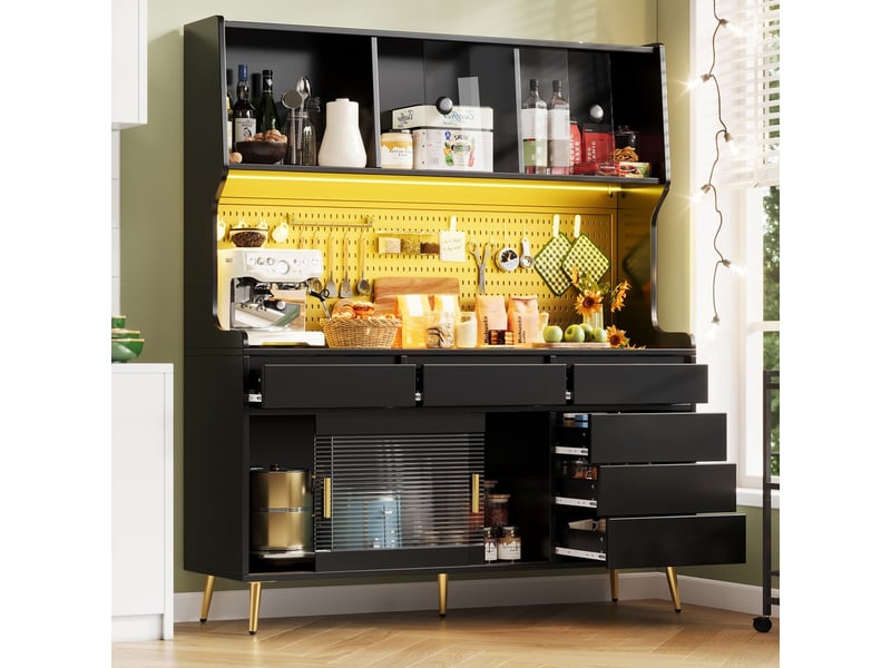  Armoire moderne avec éclairage led contrôlable par application, tiroir, étagères rangement, panneau perforé, 145x39x171 cm, noir  - Conforama C