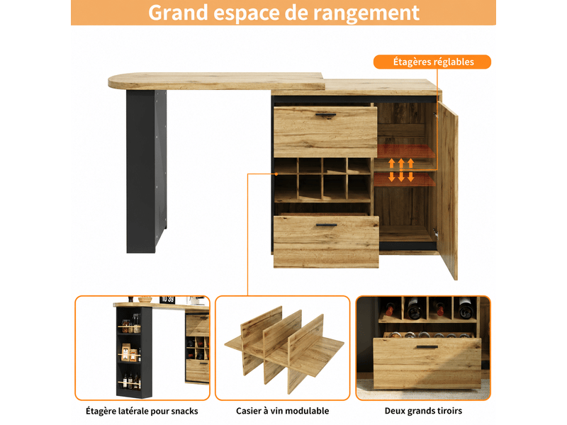 Table de bar extensible 138-220x39x105 cm, table à manger haute avec rangement, 2 tiroirs, casier à vin, étagères - mdf - effet bois  - Conforama D