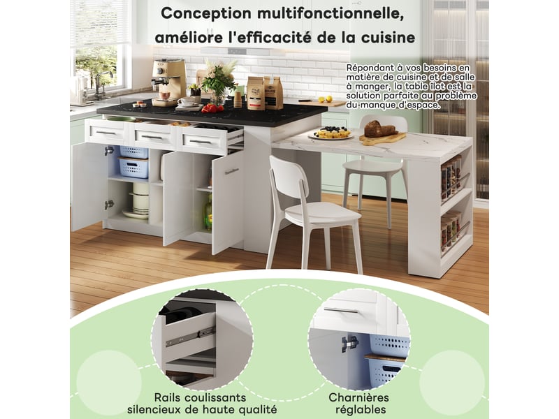  Îlot de cuisine,150x90x90 cm,avec table extensible et rangements,mdf,blanc  - Conforama E