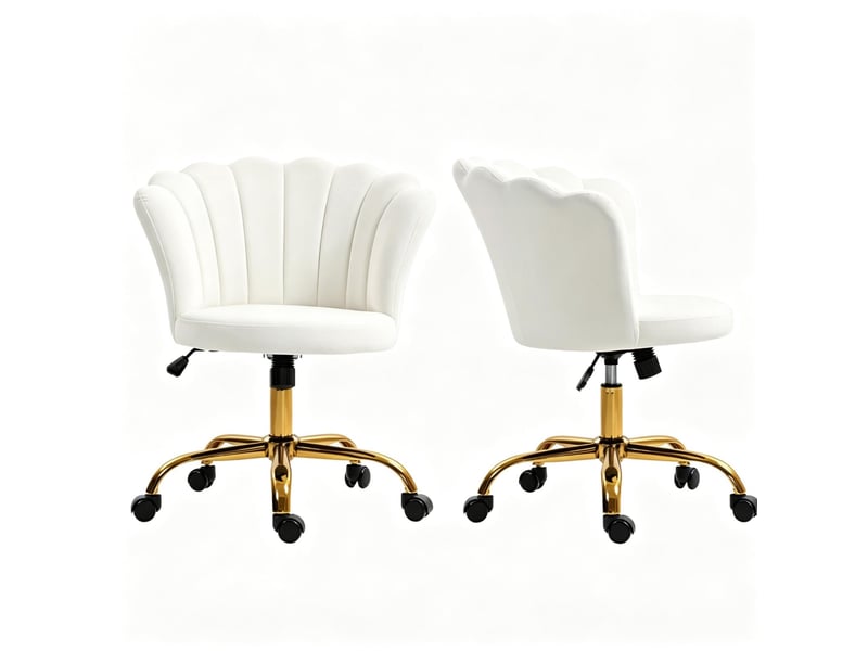  Chaise de bureau réglable en hauteur avec dossier en pétales, assise rembourrée et roulettes en velours blanc  - Conforama A