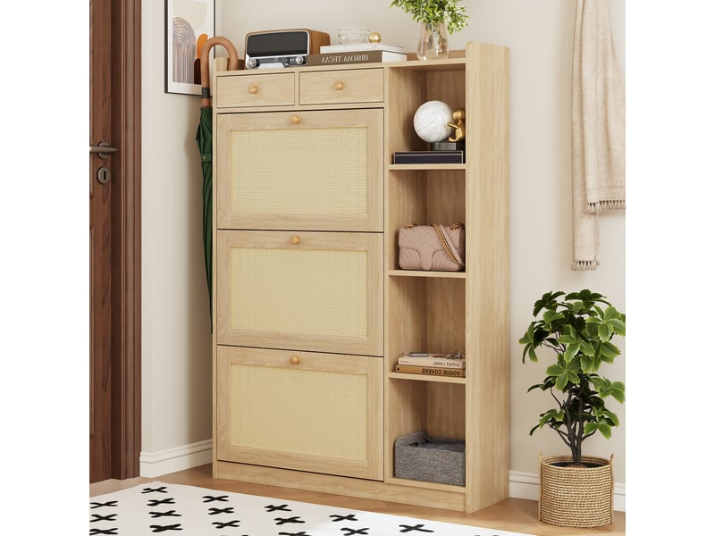  Meuble à chaussures rotin étroit, armoire 3 abattants et tiroirs, profondeur 24 cm, gain de place, naturel  - Conforama W