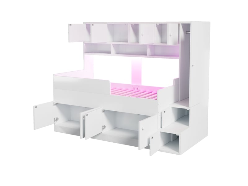  Lit enfant 90x200 cm avec rangements et éclairage led bois blanc sans matelas  - Conforama E