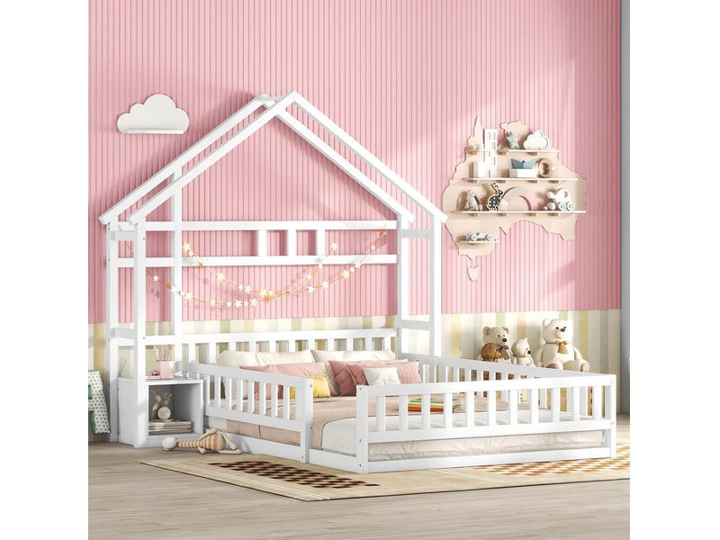  Lit enfant cabane 140x200 cm avec barrières et chevet, blanc  - Conforama B