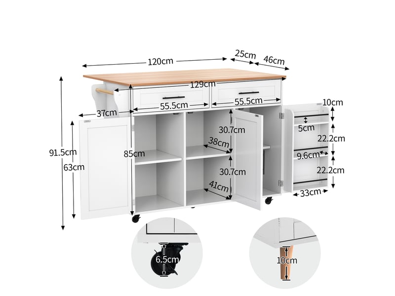  Buffet roulant blanc 129 cm - plateau bois rabattable, portes, roulettes - meuble cuisine pratique  - Conforama C