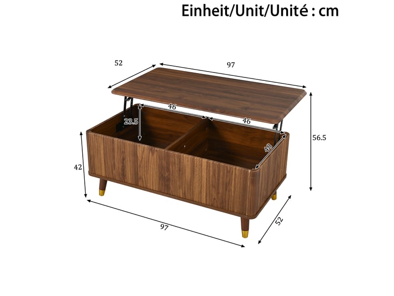  Table basse 97x52x42 cm, plateau escamotable, espace de rangement, style rétro, usage quotidien, salon, en mdf, noyer  - Conforama C