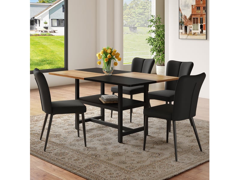 Ensemble table et 4 chaises de repas 160 cm noir et marron, rangement intégré et confort au quotidien - Conforama B