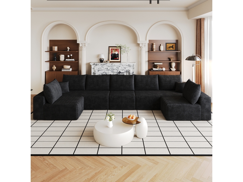 Canapé d'angle panoramique 7 places en velours côtelé noir, 425 cm, assise profonde pour grand salon - Conforama B