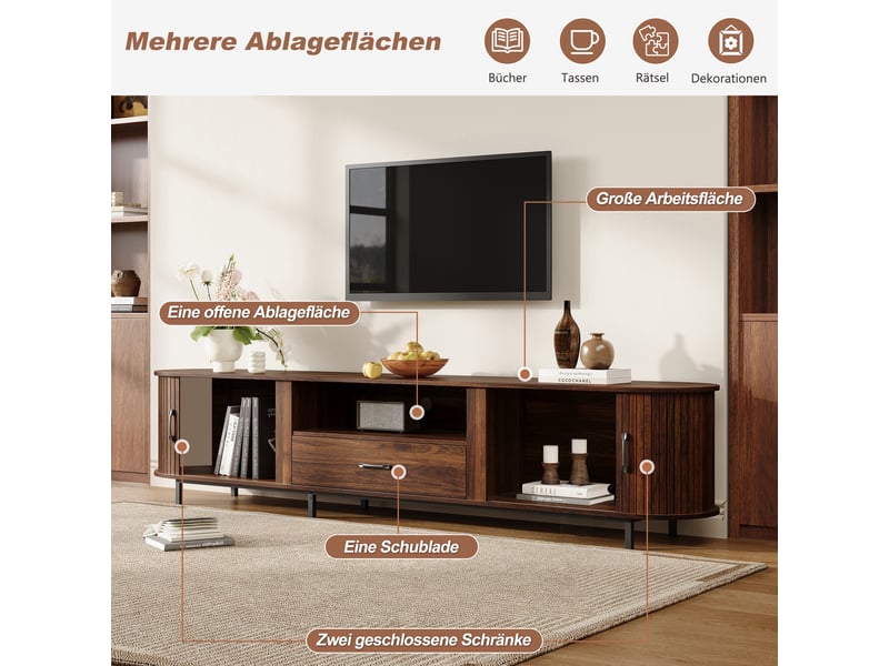  Meuble tv 180x40x45 cm, pour tv jusqu’à 75 pouces, 2 portes coulissantes, 1 tiroir, 2 niches ouvertes, mdf, noyer OMNIGLINT TRADING LTD - Conforama E