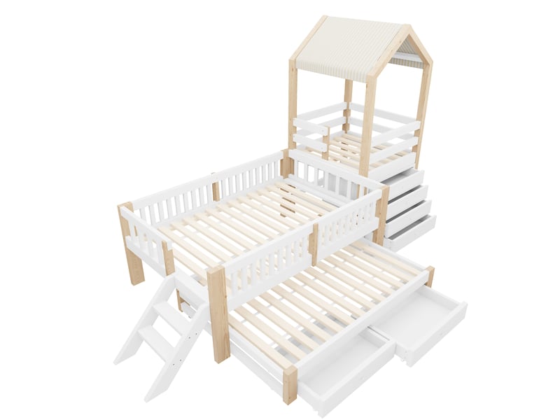  Lit enfant cabane 90x200 cm blanc et bois, lit gigogne 90x190 cm, rangements et escalier latéral fixe  - Conforama D