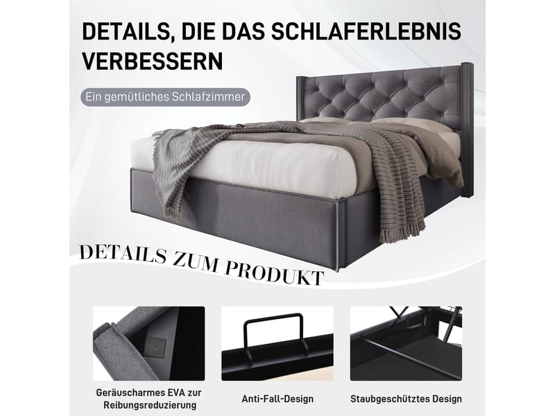  Lit coffre hydraulique 140x200cm en coton gris, sommier à lattes inclus, sans matelas, tête rembourrée  - Conforama D