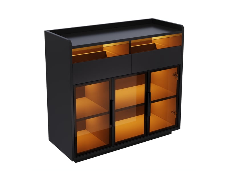  Vitrine basse noire avec verre teinté, led et 2 tiroirs, 100 cm Fay Lum - Conforama W