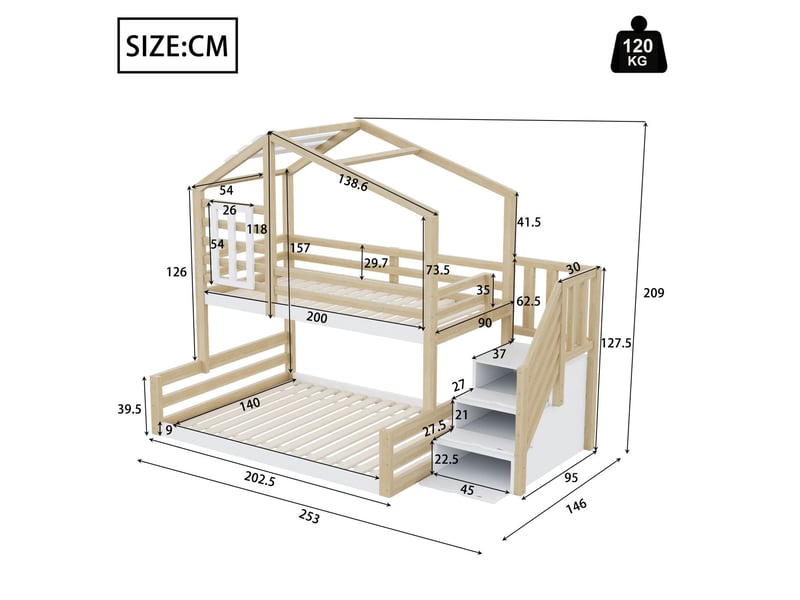  Lit superposé enfant - 90x200140x200cm - forme de maison - lit superposé - escaliers rangement, barrière sécurité, bois naturel  - Conforama C