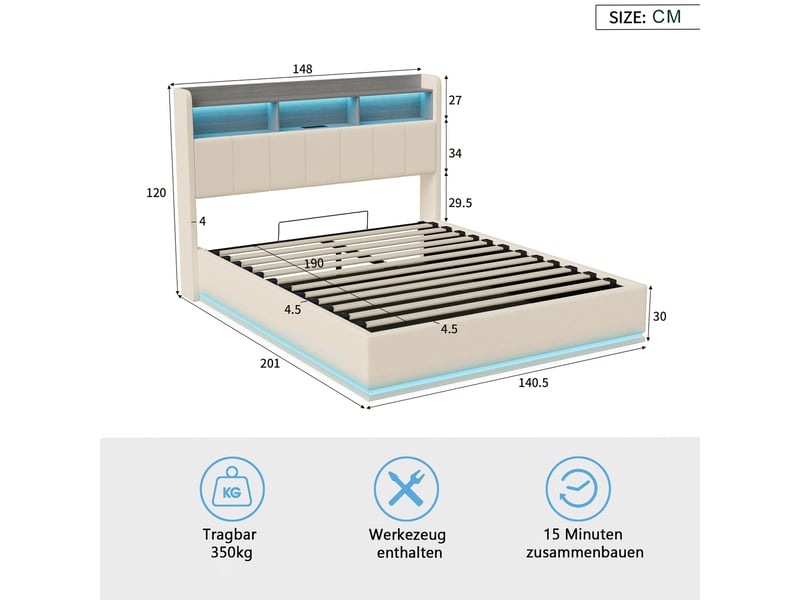  Lit hydraulique 140x190 avec éclairage led, lit coffre avec rangement et tête de lit capitonnée cadre de lit double avec led et chargeur usb lit 2 places avec lattes beige velours, sans matelas  - Conforama C