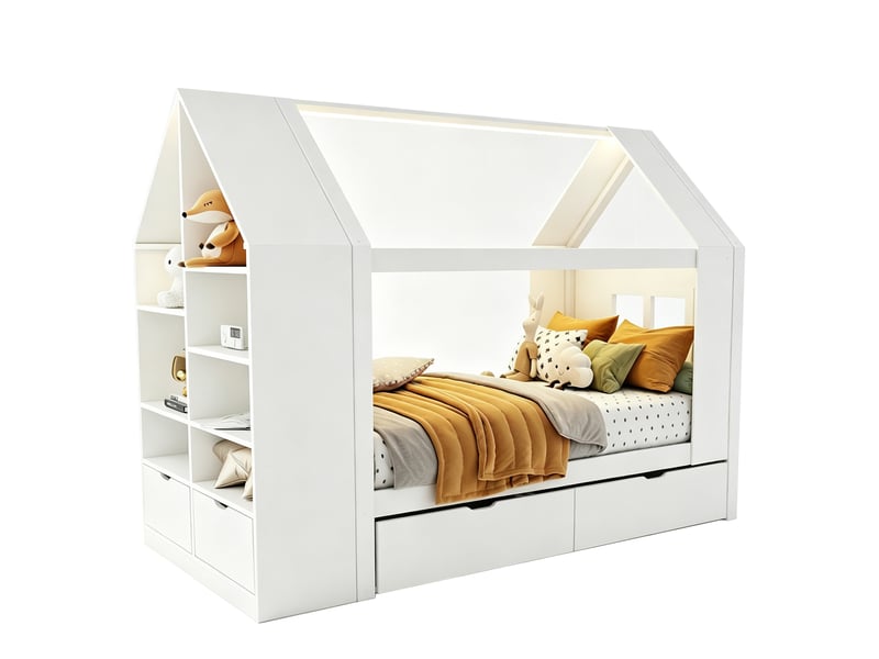  Lit enfant cabane 90 x 200 cm avec rangements, 2 tiroirs et éclairage led blanc  - Conforama A