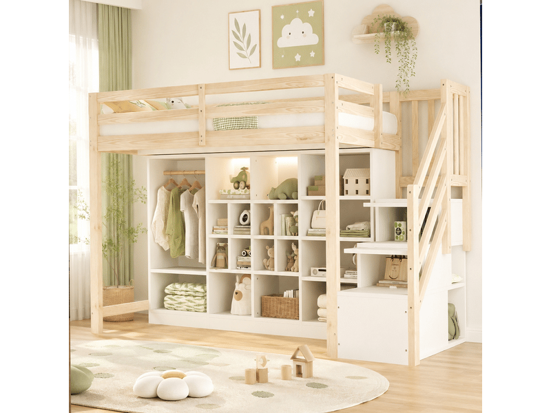  Lit surélevé 90 x 200 cm, rangements, penderie, échelle latérale et éclairage led, finition bois et blanc  - Conforama E