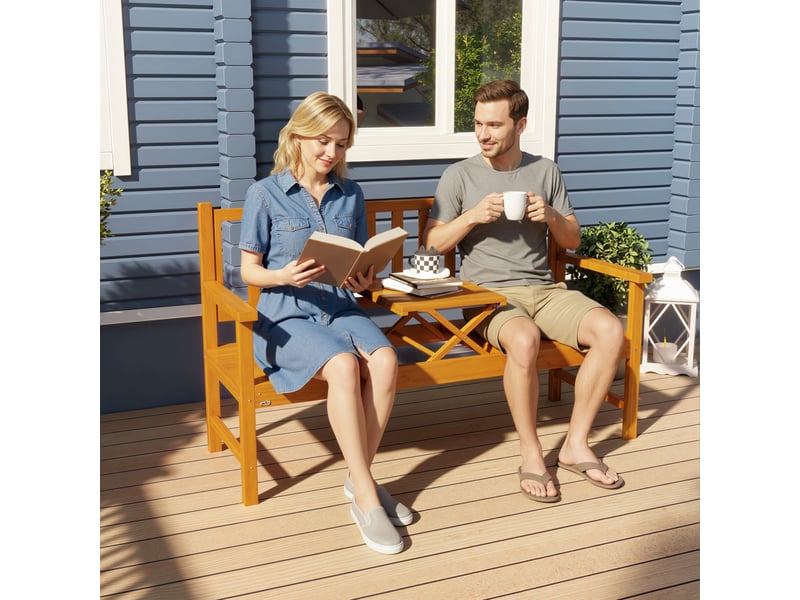  Banc de jardin avec table centrale relevable et accoudoirs, en bois, 153 x 56 x 91 cm, marron clair  - Conforama C
