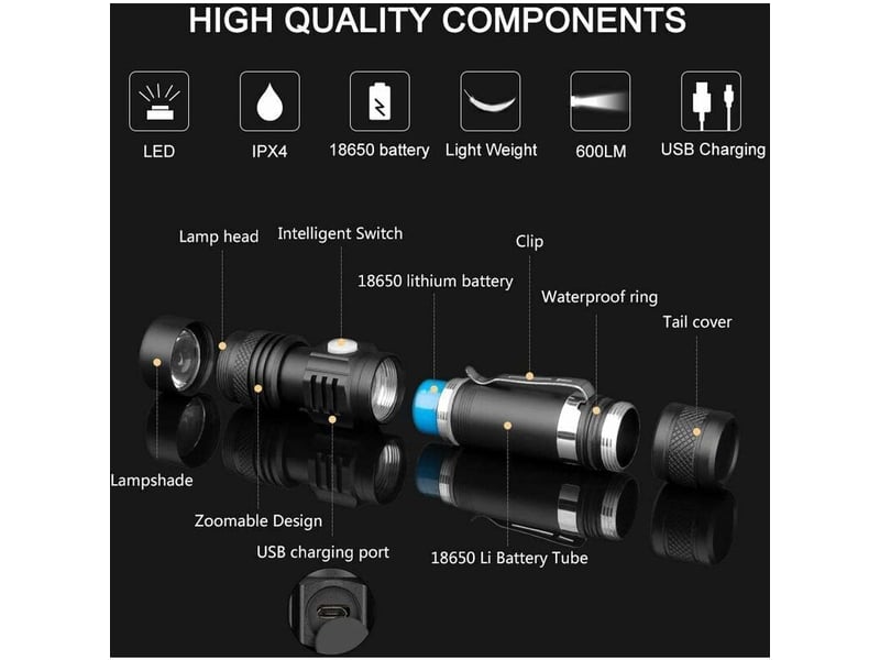  1 torche led rechargeable usb, torche 600 lumens, étanche ip65, 3 modes d'éclairage, torche zoom pour la maison, le camping, la randonnée  - Conforama B