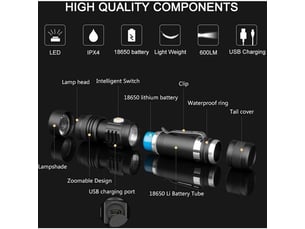 1 torche led rechargeable usb, torche 600 lumens, étanche ip65, 3 modes d'éclairage, torche zoom pour la maison, le camping, la randonnée
