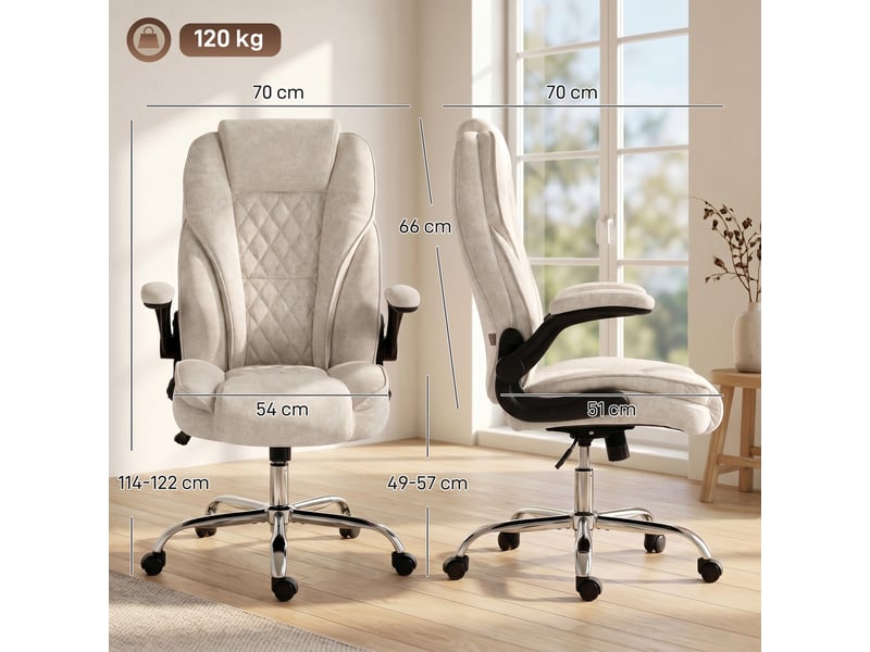  Fauteuil de bureau ergonomique beige en velours, chaise pivotante à accoudoirs relevables, siège réglable pour télétravail  - Conforama C