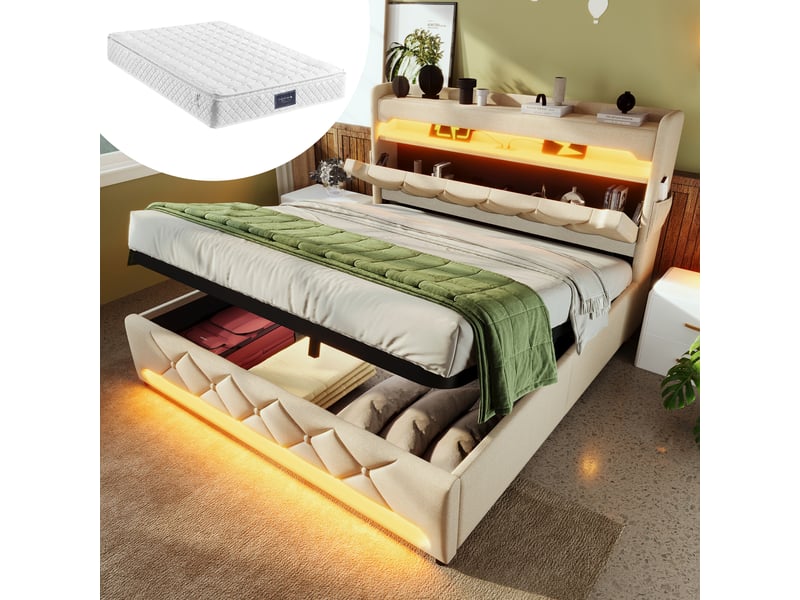  Lit coffre, lit double 160x200 cm, rangement hydraulique, tête de lit avec rangement, led 360°, usbusb-c, lin beige, matelas inclus  - Conforama A