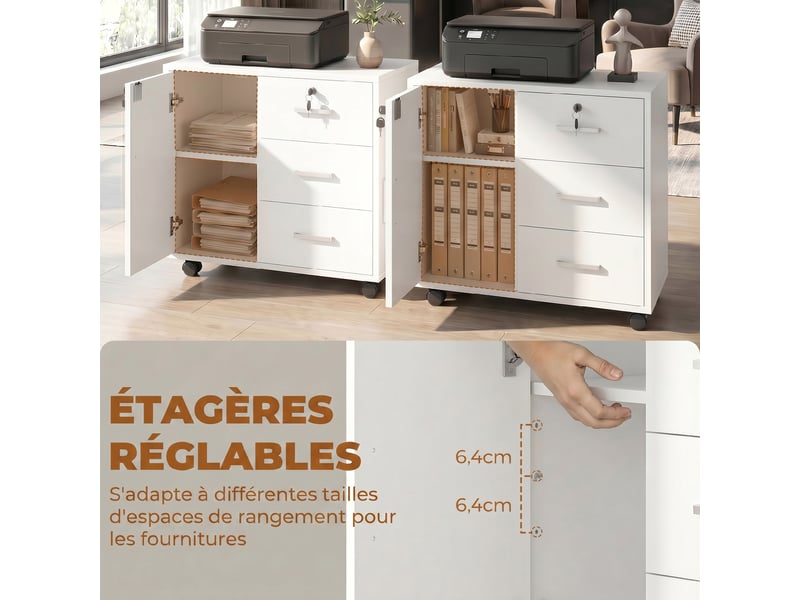  Caisson bureau meuble de rangement verrouillable avec 3 tiroirs et étagère réglable, roulettes, blanc, 40 x 60 x 56 cm  - Conforama R