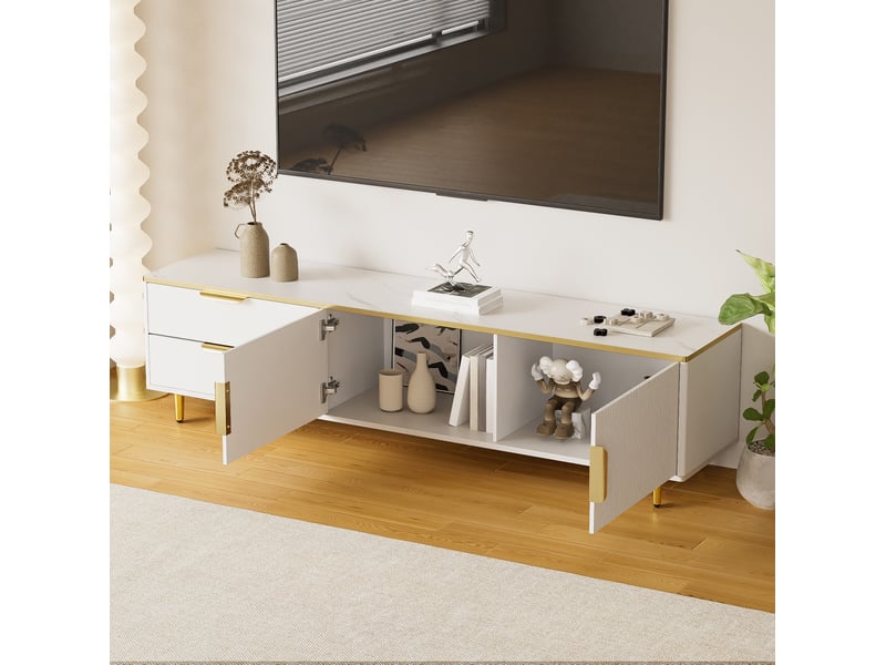  Meuble tv bas 170 x 37 x 45 cm avec 2 tiroirs et 2 portes, blanc et doré  - Conforama E