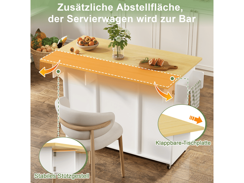  Îlot de cuisine mobile 120 × 45(70) × 92 cm naturel et blanc, mdf, plateau rabattable, 2 tiroirs et porte-épices  - Conforama C