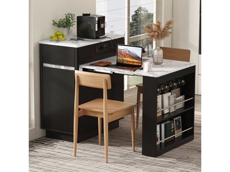 Îlot de cuisine mobile sur roulettes – table extensible, éclairage led, multiprise et crochets – noir, buffetbar - Conforama E