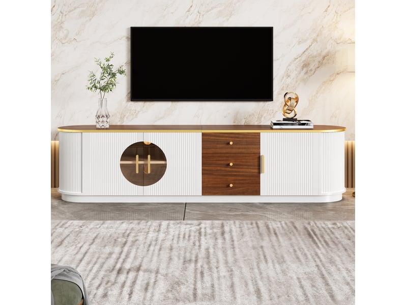  Meuble tv modenvie 180 x 40 x 46 cm avec 3 tiroirs, 3 portes et passe-câbles, mdf blanc  - Conforama E