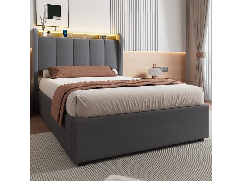  Lit coffre 90 x 200 cm en velours, lit simple avec led, station de charge et rangement, sans matelas, gris foncé  - Conforama C