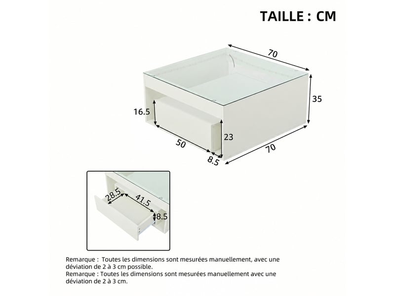 Table basse led blanche, carrée 70 x 70 x 35 cm, verre trempé, 2 tiroirs, mdf brillant - Conforama E