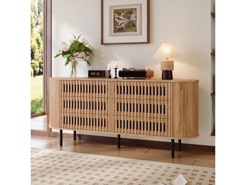  Buffet 6 tiroirs à glissières métalliques pour salon et entrée en mdf 160×40×70 cm bois naturel  - Conforama C
