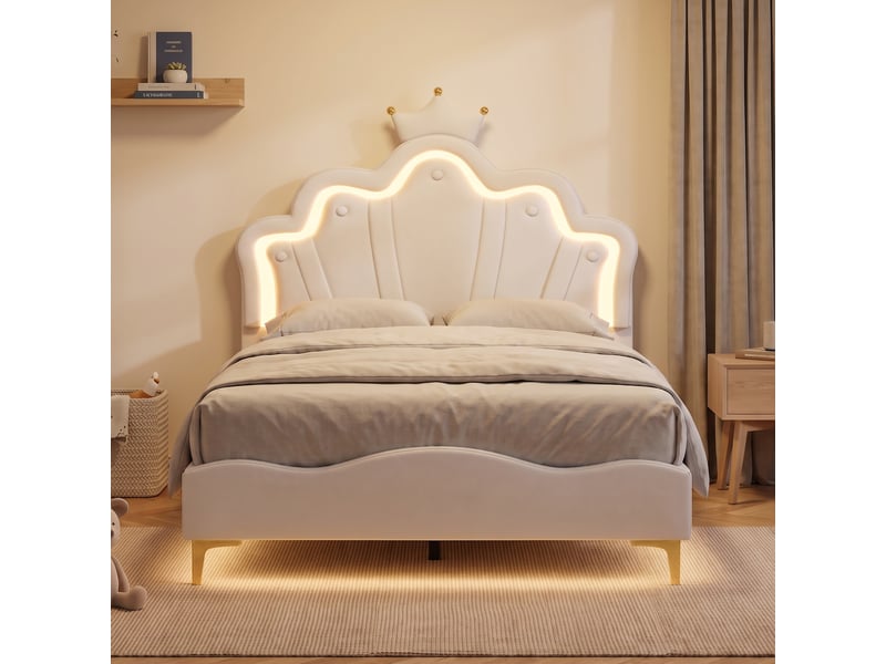  Lit simple 140x190 cm, lit capitonné enfant avec rgb led et tête de lit couronne réglable, lit capitonné avec sommier, blanc  - Conforama B