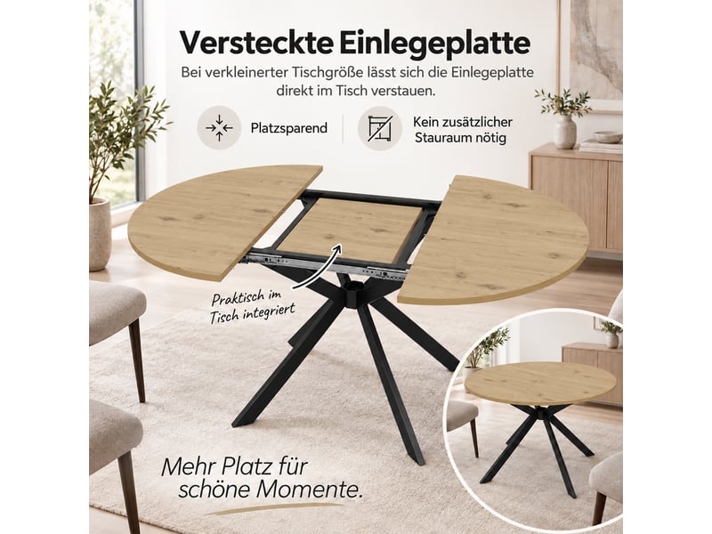  Table à manger extensible 100-140x100x75cm pour 4 à 6 personnes, plateau rond ou ovale, pieds en métal, style minimaliste, naturel evarich - Conforama D