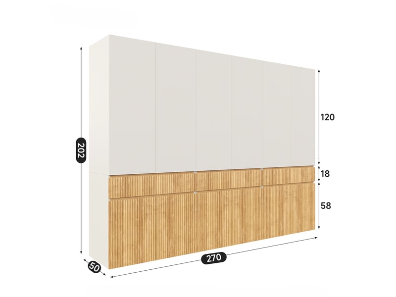  Armoire chambre 270x50x200 cm, grand dressing penderie de rangement chic, mdf style scandinave, avec 12 portes 3 tiroirs 3 tringles, chêne et gris  - Conforama E