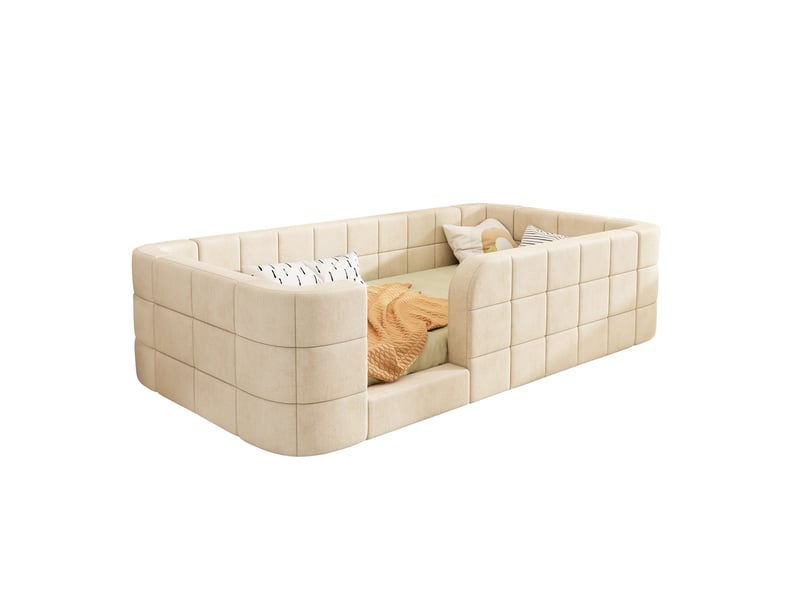 Lit enfant rembourré 90x200 cm avec barrières et entrée basse, lit au sol avec sommier à lattes inclus, tissu chenille, beige OPULERANE TRADING LTD - Conforama A