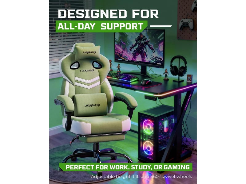  Gtplayer chaise de jeu en tissu avec accoudoirs synchronisés, inclinaison de 90-155° et repose-pieds - vert - double ligne LR408-GE-DL-FA - Conforama C