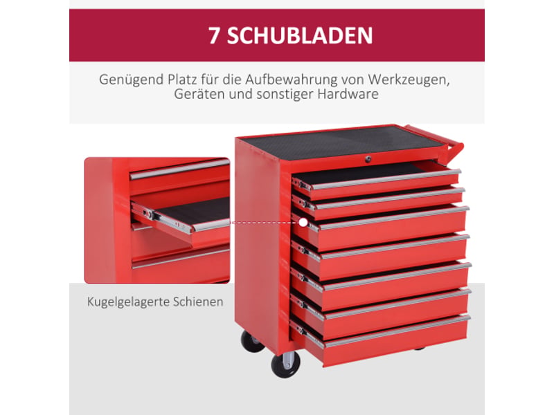  Servante d’atelier mobile en acier rouge, 7 tiroirs verrouillables, roulettes avec freins, charge max. 150 kg  - Conforama D