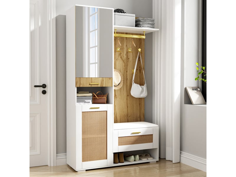  Meuble d'entrée avec 3 portes, miroir, 6 crochets et led 16 couleurs pour entrée, bois et blanc, 110 × 38 × 190 cm  - Conforama C